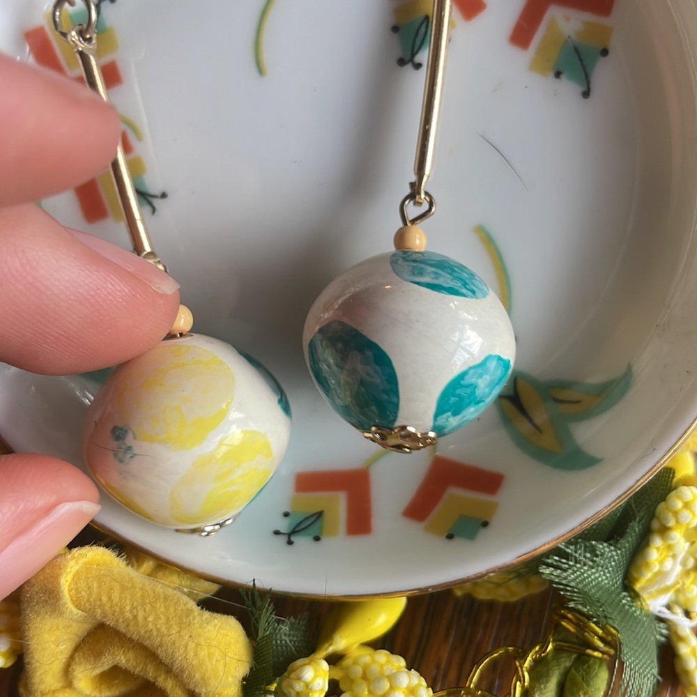 Fun Bauble Vintage Earrings Porcelain yellow Teal Painted Polka Dots BUNDLE ONLY - Picture 4 of 7